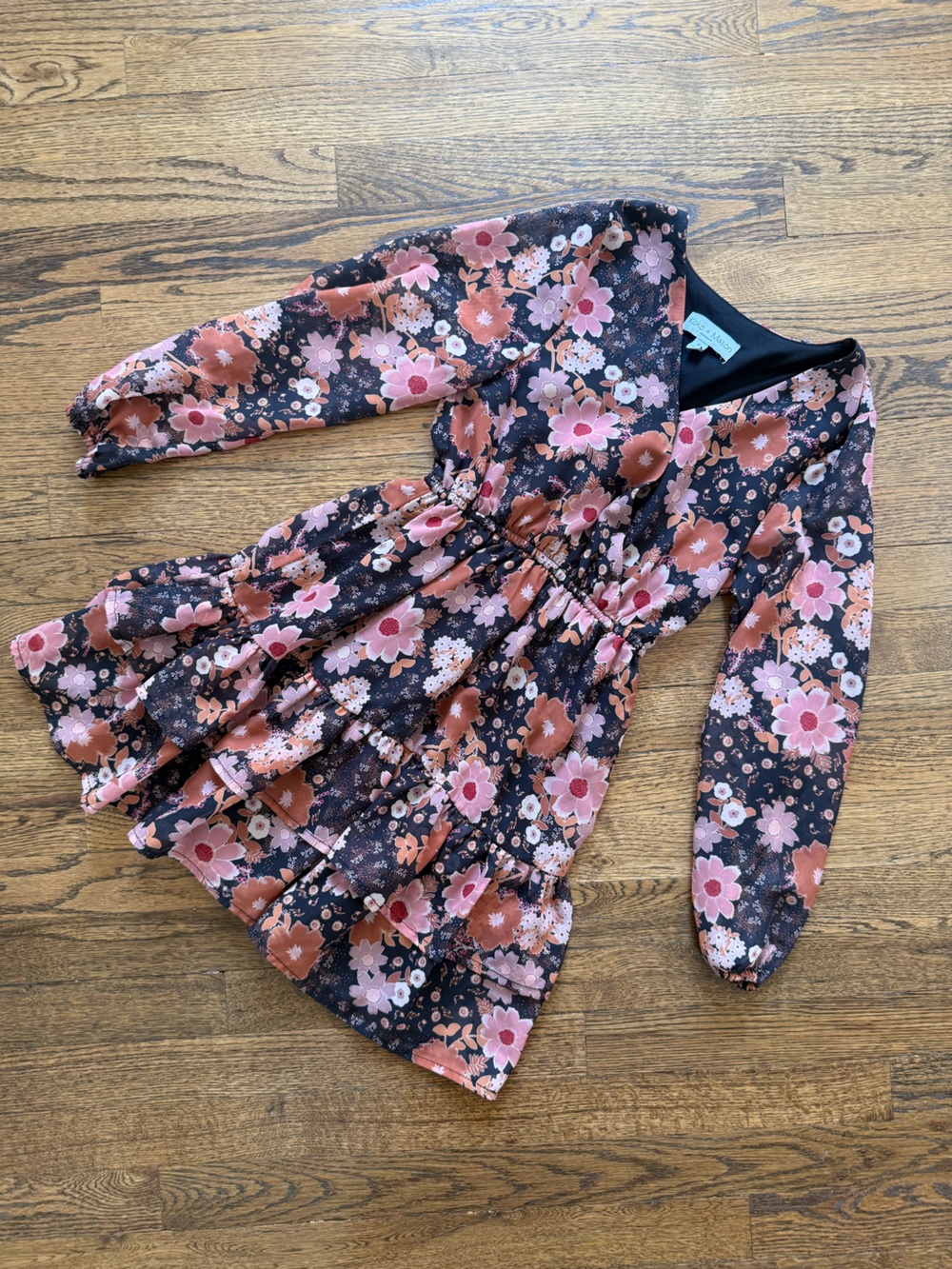 Girls Black Floral Tiered Long-Sleeve Dress with Pink & Rust Blooms